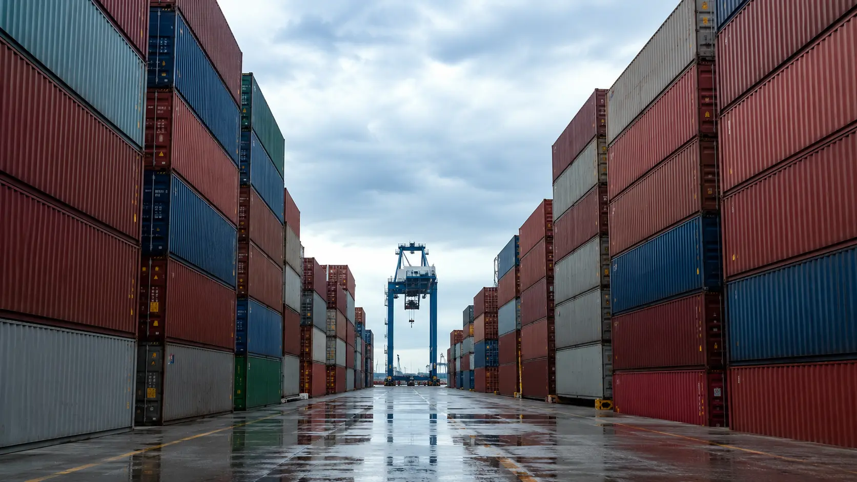 Vista panorámica de terminal portuaria industrial al amanecer, con grúas de acero y contenedores de carga